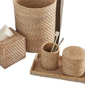 Luxury Modern Rattan Elegance Five-piece <b>Bathroom</b> <b>Set</b> Natural Weave High Quality Handcrafted Bath Ensemble - Product Image 1