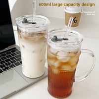 Gobelet en verre borosilicate personnalisé en gros, sans BPA, transparent, avec poignée, bouchon anti-fuite et paille