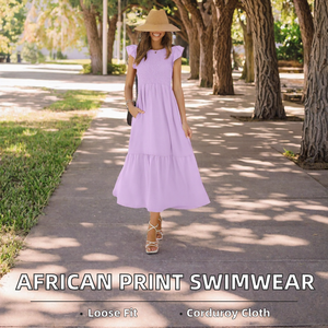 Robe midi plissée violette à volants, manches flottantes, col rond, coupe ample, décontractée, pour l'été et la plage - Product Image 2