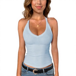Womens Streetwear Breathable Knitted Ribbed Tank <b>Top</b> Short Sleeveless Solid Color Seamless Breathable Casual Wear - Product Image 1
