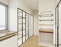 Système de dressing sur mesure BALOM de luxe, armoires blanches, cadre noir, portes en verre avec étagères, tiroirs et rangements suspendus