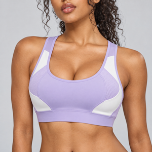 Soutien-gorge de sport pour femme, couleur lavande et blanc, col ras du cou, dos nageur, maille respirante, maintien moyen, yoga, design sans couture - Product Image 1