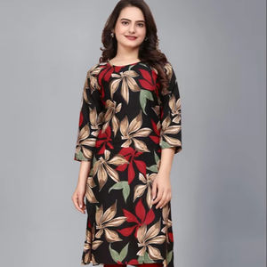 Crêpe Kurti court sans manches pour femmes rouge antique imprimé ethnique tenue décontracté soie pakistanaise Salwar Kameez pour les fêtes Festivals - Product Image 1