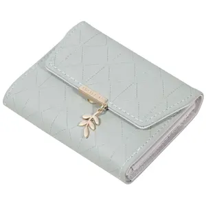 PRETTYZYS Classic Leaf Metal Hardware Small PU Wallet For Women With Embossing Logo At Surface Tri-folded Wallet