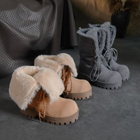 Bottes de neige à plateforme et talon épais pour femme, nouvelle collection hiver 2026, bout rond, à lacets, mi-mollet, dessus en daim, doublure en fausse fourrure