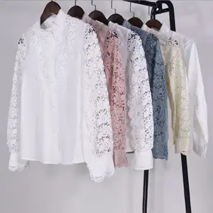 New Arrivals Spring Casual Fashion Embroidery Women Lace Blouse Shirts Stand Collar Long Sleeve Button Up Ladies' Blouses Tops
