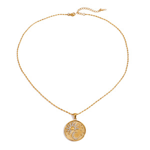 Collier Pendentif Rond Soleil Lune Étoile en Acier Inoxydable Plaqué Or 18K, Breloque Thème Incrustée de Diamants, Bijou Cadeau - Product Image 5