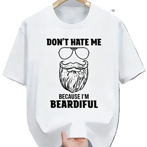 T-shirt divertente con stampa 'Don't Hate Me Because I'm Beardiful' e gioco di parole sulle barbe, maglietta oversize in cotone a maniche corte, streetwear, top casual - Product Image 2