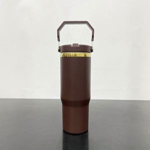 Gobelet isotherme à paille rabattable 30 oz avec logo personnalisé, finition miroir doré sous le revêtement en poudre chocolatée, mug de voyage - Product Image 3