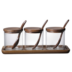 WS296 Hogar Tapa de madera de acacia Juego de tarros para condimentos Tarro de especias Juego de <span class=keywords><strong>3</strong></span> piezas Estantes de botellas de almacenamiento de cocina - Product Image 1