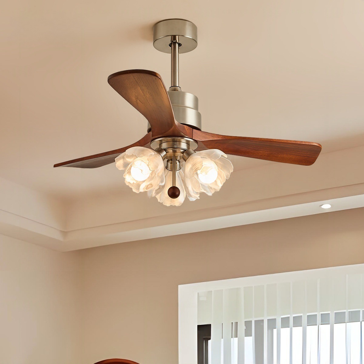 28 Inch Antique Ceiling Fan with Light Rustic Wood Grain ABS 3 Blades Flower Lampshade Indoor Ceiling Fan lamp for Living Room