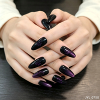 24 faux ongles en ABS à pression, dégradé noir et violet, forme amande, réutilisables, design de luxe rose foncé