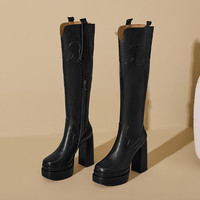 Bottes hautes à plateforme pour femmes, bout carré, talon bloc épais, fermeture éclair latérale, style western cowboy, mode féminine, grandes tailles