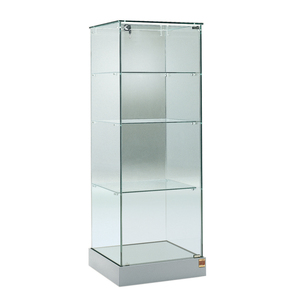 Vitrine Tux 53x46x140cm en verre trempé avec porte à charnières verrouillable, 3 étagères, base gris clair avec roulettes - Product Image 1