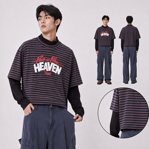 เสื้อยืดลายทางโอเวอร์ไซส์ผู้ชาย ลายกราฟิก Rock N Roll Heaven Forever สไตล์เลเยอร์สองชิ้น ขายส่งเสื้อผ้าสตรีทแวร์ - Product Image 2