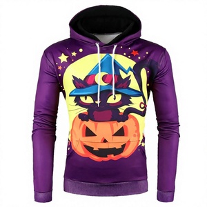100%Cotton <b>Men's</b> <b>Purple</b> <b>Hoodie</b> With Halloween Cat And Pumpkin Print Slim Fit Casual Apparel Sublimation Printed Cartoon Design - Product Image 1