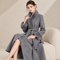 Manteau long en mélange de laine pour femme avec garniture en fausse fourrure, ceinture, manches longues, couleur unie, vêtement d'extérieur élégant pour l'hiver