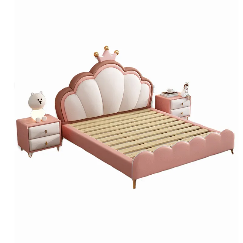 New children's bed Dream girl Crown Princess bed young people small apartment light luxury storage soft bag leather bed