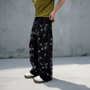 <span class=keywords><strong>Jeans</strong></span> de Pierna Recta para Hombre, Diseño Personalizado OEM, Denim Negro Lavado, Estampado Floral, Efecto de Salpicaduras de Pintura, Corte Holgado, Estilo Urbano - Product Image 4