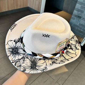 Chapeau de cow-boy occidental pour femme au design original, accessoires en plumes, chapeaux Fedora, chapeau de cow-boy en feutre de laine avec motif floral imprimé, fête - Product Image 4