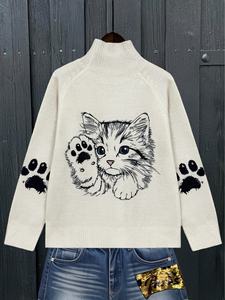 Maglione da <span class=keywords><strong>Donna</strong></span> a Collo Alto Traspirante Grigio Kaki a Maniche Lunghe con Stampa Cartone Animato Gatto <span class=keywords><strong>Nero</strong></span> Curioso – Essenziale per Ogni Stagione - Product Image 2