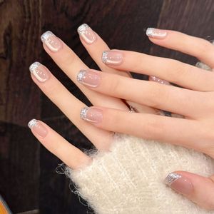 <span class=keywords><strong>Faux</strong></span> ongles à presser extra courts, forme cercueil, style French, effet œil de chat pailleté, pour automne-hiver, en acrylique faits main, 10 pièces - Product Image 2