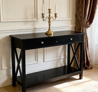 Table basse en bois X-Base, mobilier moderne pour salon, pin noir, deux tiroirs, style panneau, bois pour salon