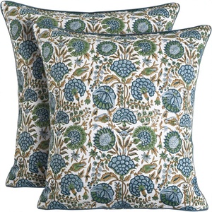 Fundas de Almohada Acolchadas con Estampado de Bloques 100% Algodón, 16x16 Pulgadas, Juego de 2, Venta al Por Mayor |   Cojín Decorativo Boho-Chic con Estampado Floral Azul Verde - Product Image 1