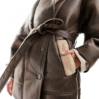 Veste en similicuir vieilli style vintage pour femme, avec doublure en polaire, coupe oversize, à lacets, manteau décontracté en tricot moelleux, doublure en polyester, collection automne