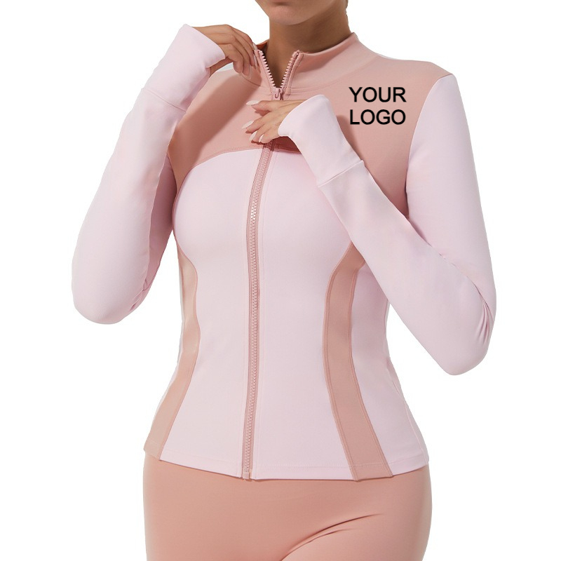 Custom Logo Color Block Stand Collar Zip Up Jacket for Women, Slim Fit Long Sleeve Yoga Workout Top with Thumb Holes