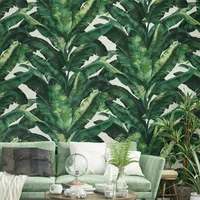 Papier peint avec motifs de feuilles vertes et dorées, forêt asiatique du sud-est, 3d