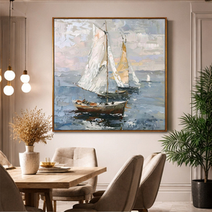Quadro su Tela Personalizzato 60x60cm, <span class=keywords><strong>Paesaggio</strong></span> Astratto con Barca a Vela Blu, Dipinto a Olio Moderno per Interni, Uso in Tutte le Stagioni, Realizzato a Mano - Product Image 1