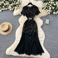 Robe en dentelle à col rond et manches courtes pour femme : Robe de soirée longue haut de gamme, ajustée, style sirène