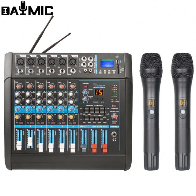 Power Mixer 8 Channels 2 Way 250 Watt with Dual Wireless Microphone Audio Mixer for Stage Professional Stage