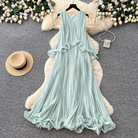 Robe longue plissée sans manches col en V pour femme, disponible en deux couleurs, tailles S-L