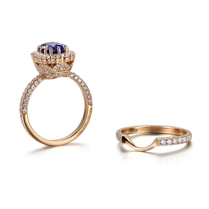 Conjunto <span class=keywords><strong>de</strong></span> anillos <span class=keywords><strong>de</strong></span> boda Anillo <span class=keywords><strong>de</strong></span> zafiro cultivado en laboratorio 10K Oro amarillo 8*10mm Oval Lab Grown Royal Blue Sapphire Wedding Band Set para novia - Product Image 2