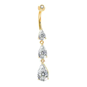 Belly Button Rings Eternal 14K Solid Gold Tear Zirconia Externally Threaded Belly Button Rings