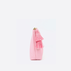 Custom <b>Pink</b> Satin Cosmetic Pouch with Gold Foil Logo and Double Tassel for Bridesmaid Gifts and Travel Makeup Storage - Product Image 1