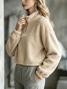 Hot Selling Trendy <b>Women</b> Stand Collar Cropped Pullover <b>Sweatshirt</b> Casual Loose Long Sleeve Printed Top For Fall Winter Wear - Product Image 2