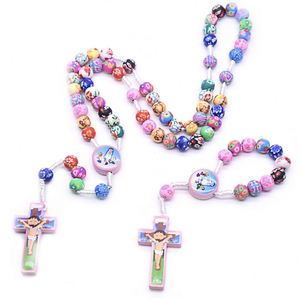 Catholic Crucifix Colorful Polymer <b>Clay</b> Rosary Beads Holy Cross Necklace Bracelet Child-Friendly Baptism Gift <b>Set</b> Beaded Jewelry - Product Image 1