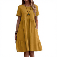 Robe en coton vintage pour femme, taille smockée, ultra douce, plissée, longueur genou, couleur inaltérable, tombé fluide, col carré