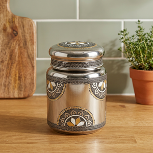 Tarro de especias oriental de acero inoxidable con diseño floral, recipiente hermético para alimentos, acabado pulido redondo. - Product Image 6