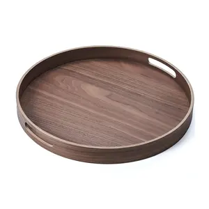 Walnut Round Wood Serving Tray Tea Table Oval Wood Tray with Handles Natural Wooden Tray for Kitchen Coffee Afternoon Tea