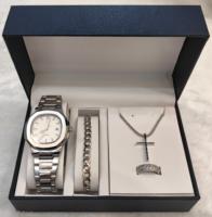 Coffret cadeau Gohuos 8803 avec boîte élégante, 4 pièces : montre à quartz pour homme, bague, bracelet et collier, cadeaux de luxe pour les affaires et les fêtes pour hommes