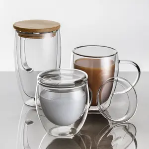 Tazas de café hechas a mano, vidrio de borosilicato, doble pared, con mango y tapa de Bambú