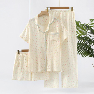 Pur <span class=keywords><strong>coton</strong></span> trois pièces pyjama ensemble taille élastique Satin à manches courtes revers hauts Shorts pour printemps été mince crêpe automne <span class=keywords><strong>gaze</strong></span> - Product Image 1
