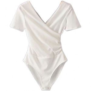 Nouveau Body Femme à Col Croisé, Coupe Ajustée, Dos Nu, Blanc, Manches Courtes, en Tricot - Product Image 3