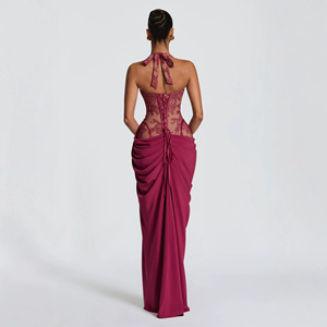 BABY C260818 Abito Lungo da Donna <span class=keywords><strong>con</strong></span> Halter in Pizzo, Allacciatura Posteriore, Arricciature <span class=keywords><strong>Laterali</strong></span> e Spacco, per Serate ed Eventi 2026 - Product Image 3