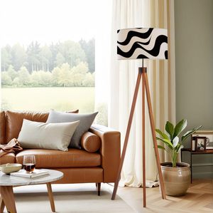 Lampe sur pied LED moderne du milieu du siècle, trépied en bois, intensité variable, gradation progressive, abat-jour E26, tissu imprimé personnalisé, 3000K-6500K - Product Image 3