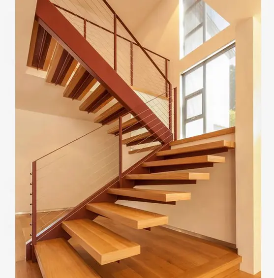 인테리어 하우스 플로팅 계단 나무 자국 유리 난간 계단 디자인